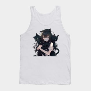 Anime Girl Hugging Many Black Cats Tank Top